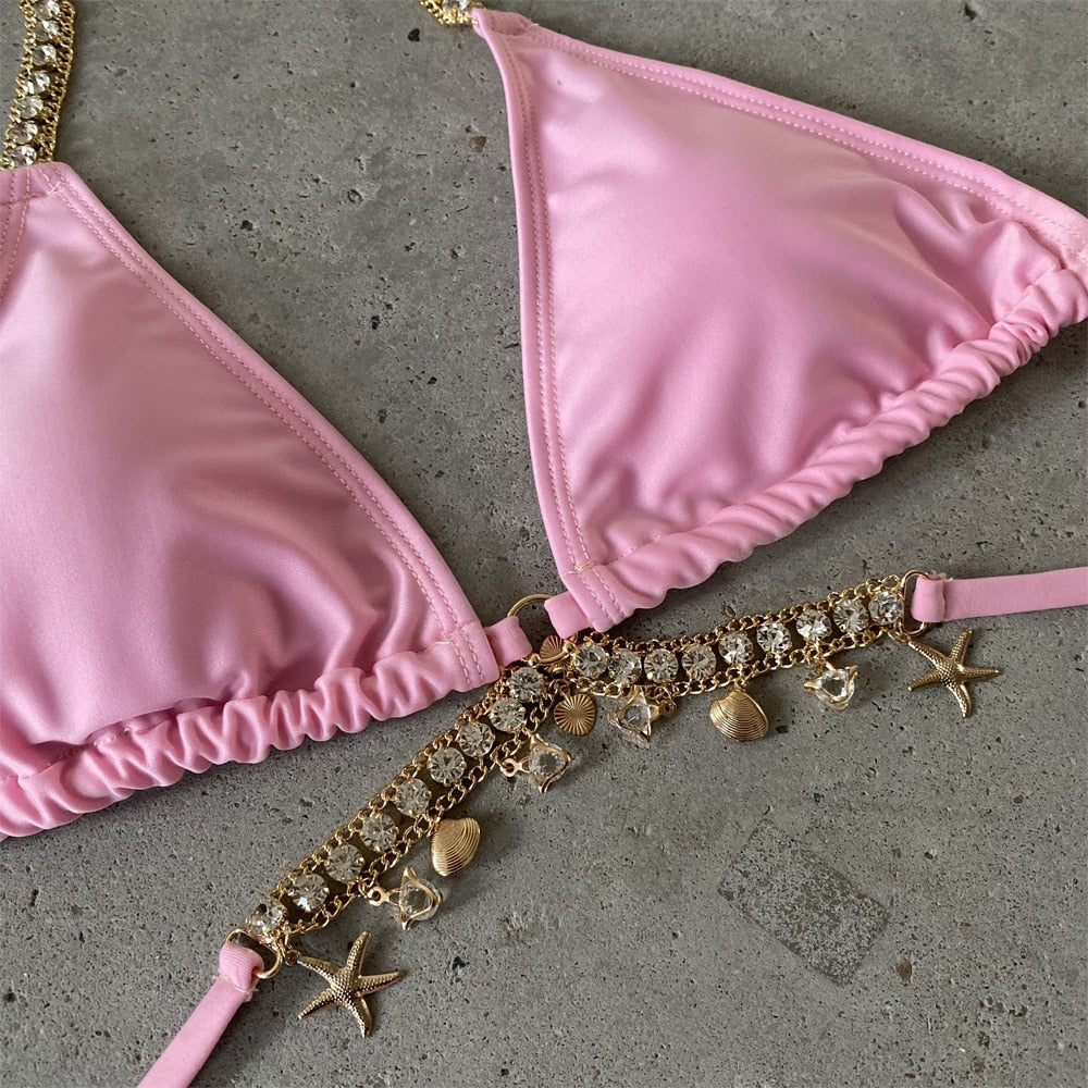 NEW Womens Luxury Rhinestone 2pc Bikini Swimsuit