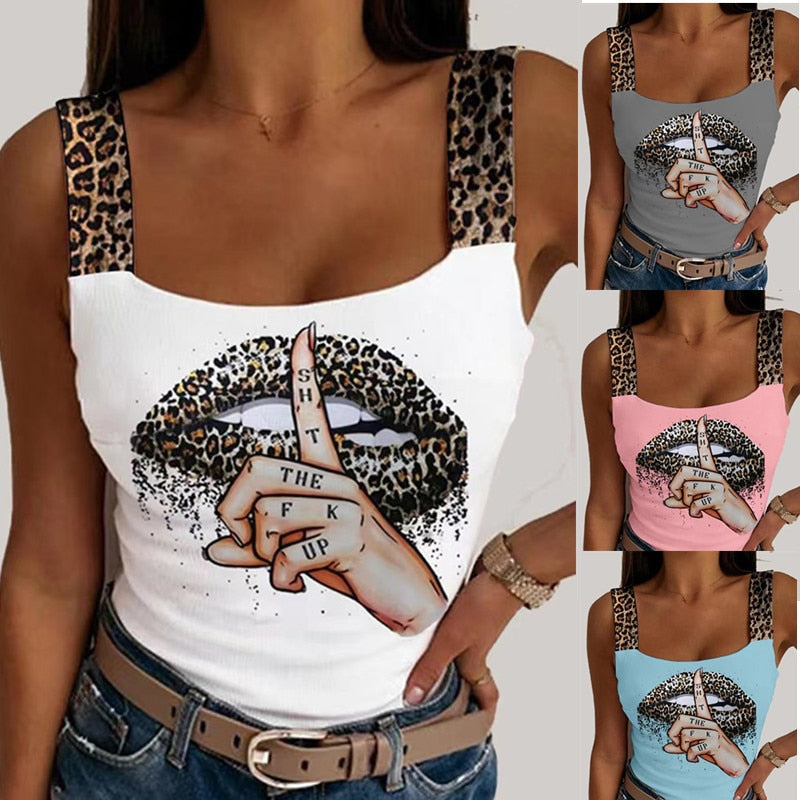 New Women Leopard Lips Print Summer Sexy Sleeveless Solid Color Tank Tops