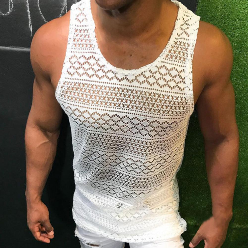 Mens Lace Tank Top Hollow Out Sleeveless Shirt