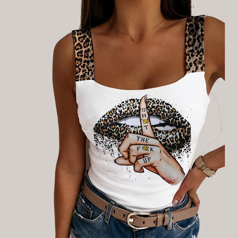 New Women Leopard Lips Print Summer Sexy Sleeveless Solid Color Tank Tops
