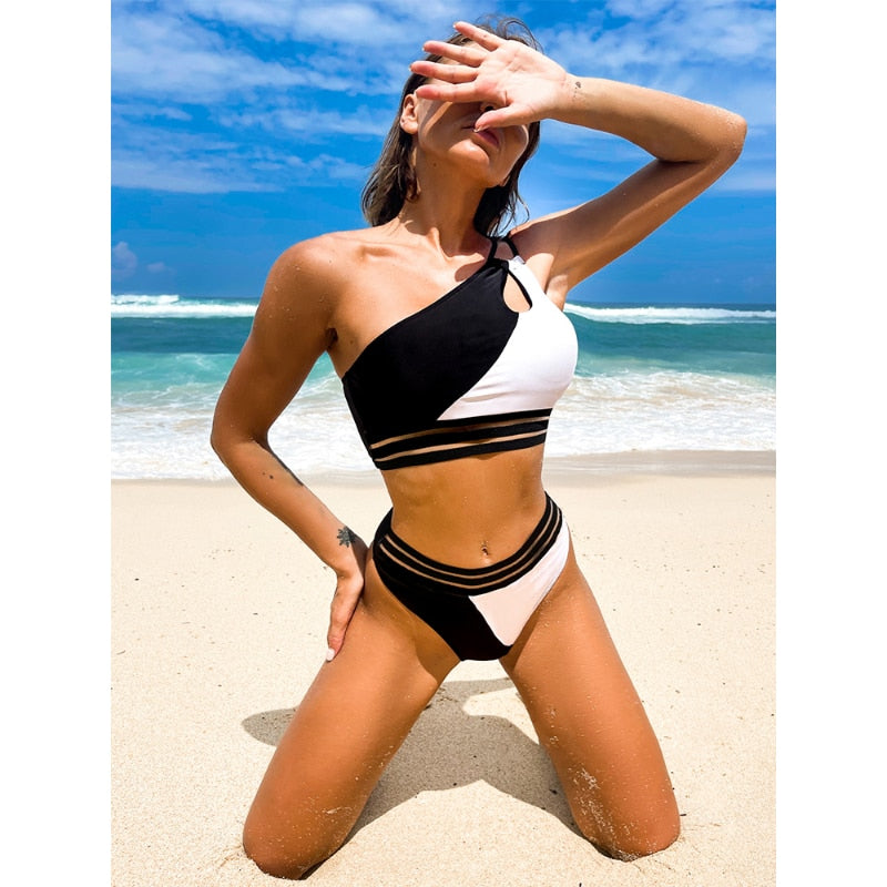NEW Women One Shoulder Sling One-Piece Irregular Patchwork Swimsuit