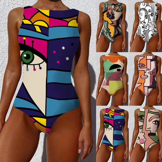 Womens Abstract Print One-piece Sports Swimsuit